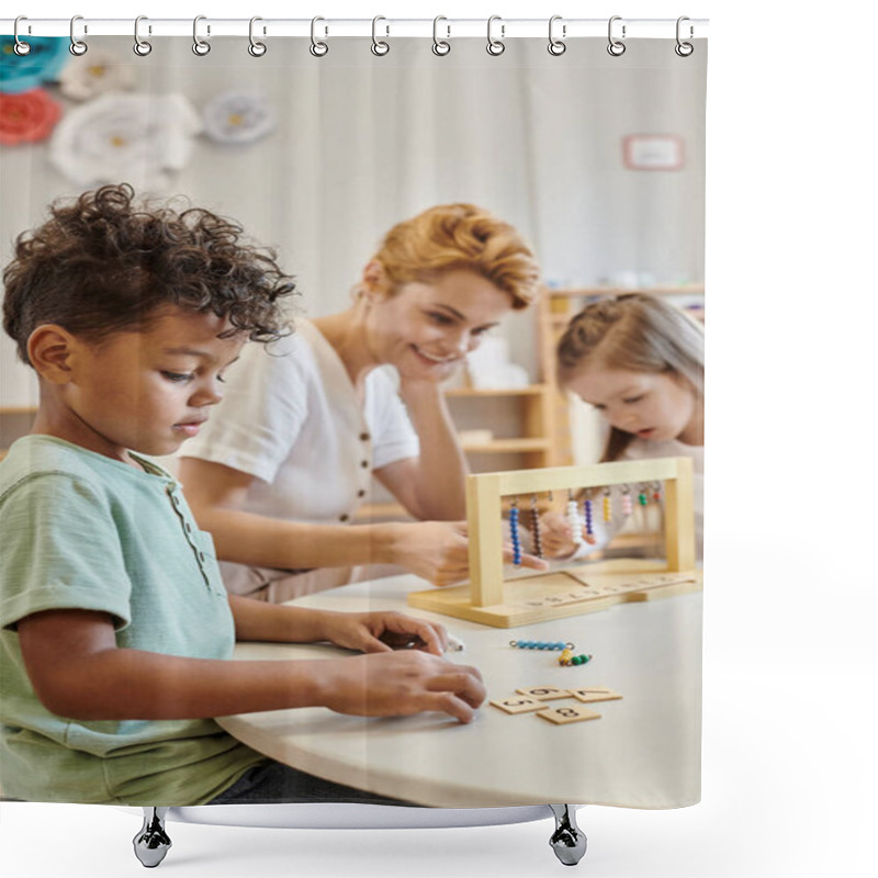 Personality  African American Boy Counting And Using Tiles, Montessori Concept, Teacher And Girl Playing Game Shower Curtains