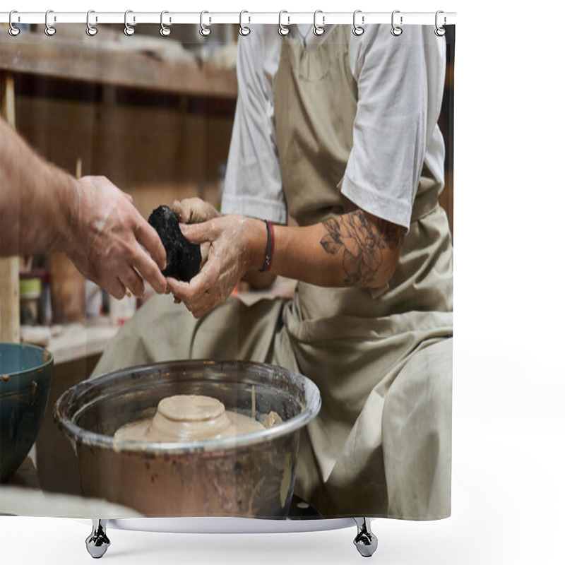 Personality  Hands Expertly Shape Clay On A Spinning Wheel While An Artist Guides The Process. Shower Curtains