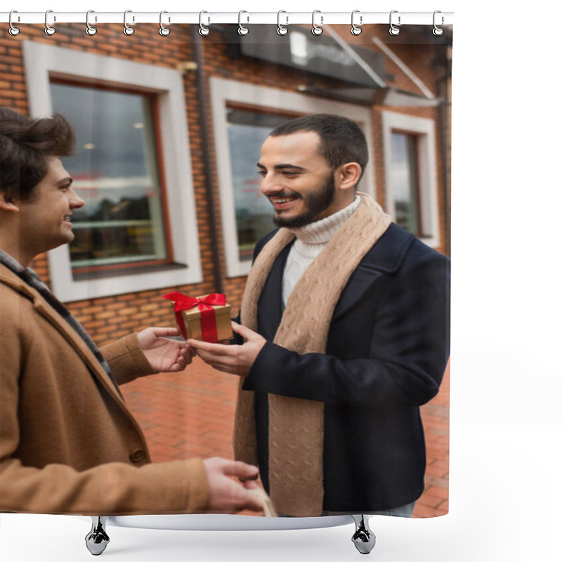 Personality  Young Gay Man Presenting Small Gift Box To Smiling Bearded Boyfriend Near Blurred Shop On Street Shower Curtains