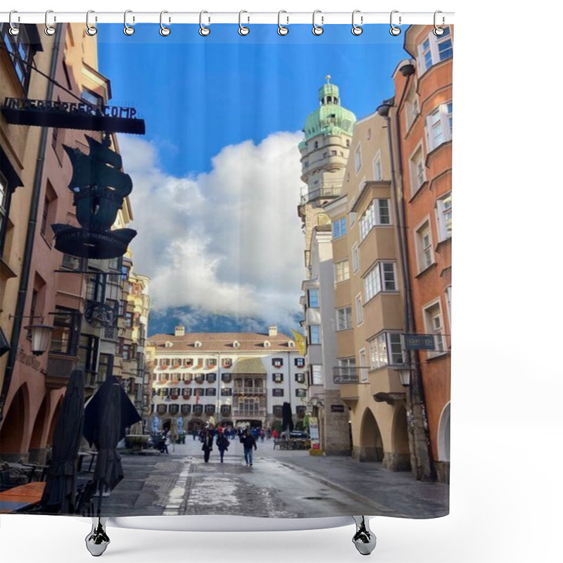 Personality  Innsbruck, Austria - September 29 2024: Historic Innsbruck Old Town With Golden Roof And Tower, Framed By Alpine Backdrop. High Quality Photo Shower Curtains