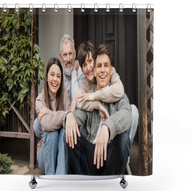 Personality  Positive Middle Aged Parents Hugging Children And Looking At Camera While Sitting On Porch Of House During Parents Day Celebration In June, Family Traditions And Celebrations Concept Shower Curtains