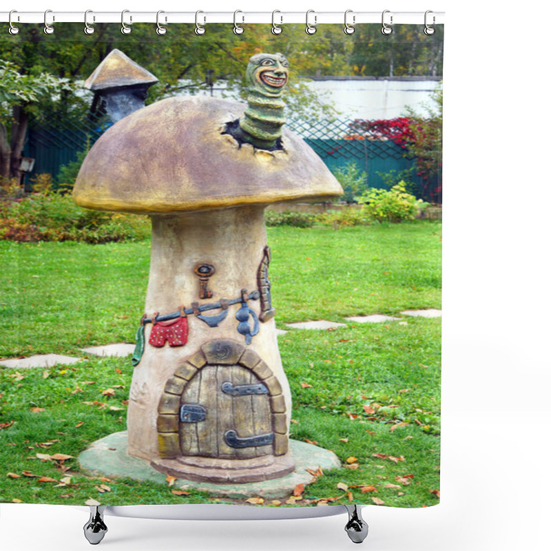 Personality  Mytishchi, Russia - September 2016: Magic Worm In A Dwarf Mushroom House. Small Fabulous Skulpture In The City Park. Shower Curtains