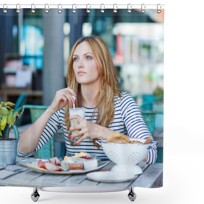 Personality  Young Woman Having Healthy Breakfast In Outdoor Cafe Shower Curtains