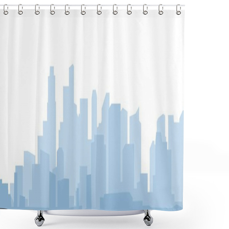 Personality  Abstract Modern City Skyline. Urban Panorama Landscape With Building Silhouettes. Daytime Cityscape. Horizontal Vector Monochrome Blue Illustration For Background, Banner, Border, Overlay. Shower Curtains