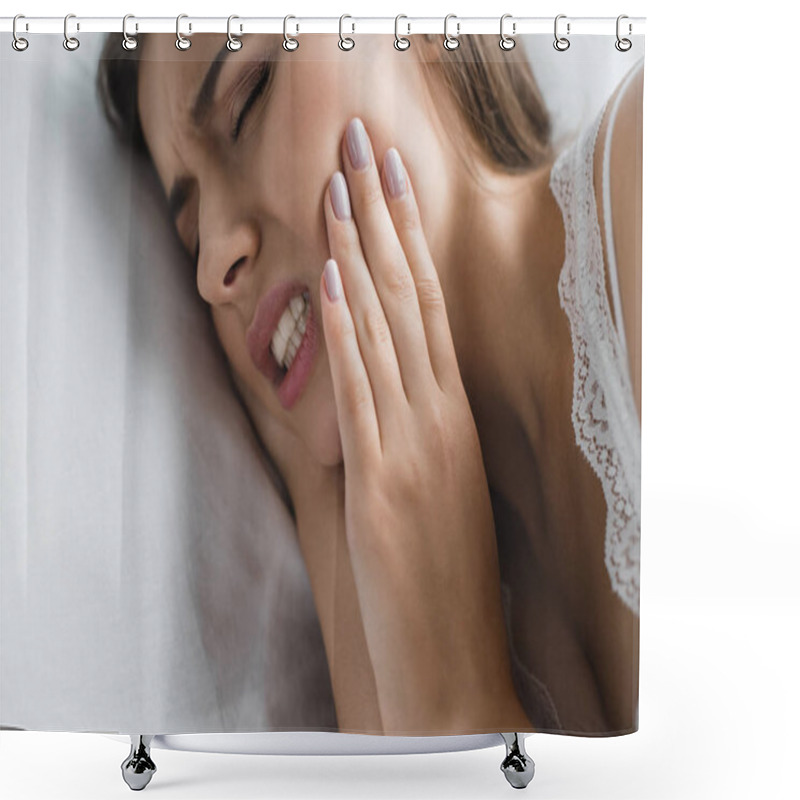 Personality  Close-up View Of Young Woman Suffering From Toothache While Lying In Bed Shower Curtains