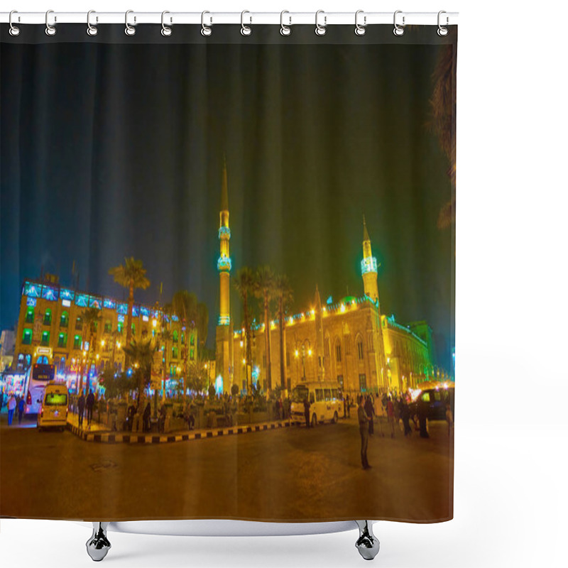 Personality  CAIRO, EGYPT - DECEMBER 20, 2017: Midan Hussein Square With Illuminated Al-Hussein Mosque And Neighbor Edifices And Spontaneous Market Are Very Crowded After Dusk, On December 20 In Cairo. Shower Curtains