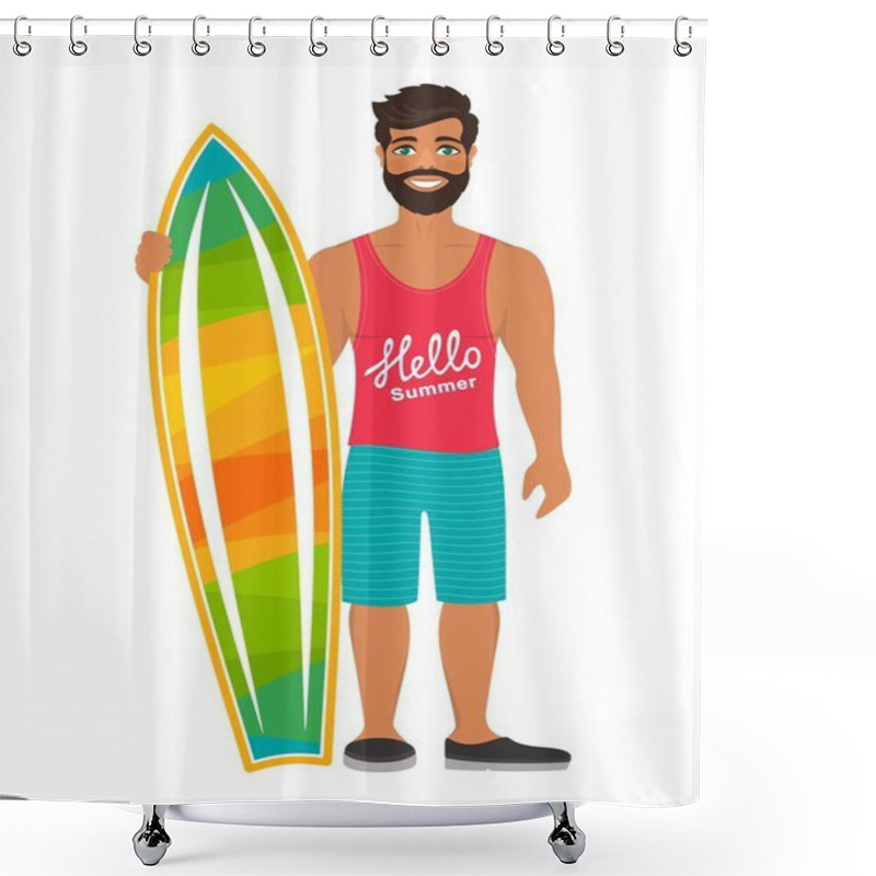 Personality  Smiling Man Posing With Surfboard. Muscled Surfer In Shorts And A T-shirt With The Words Hello Summer. Cartoon Character Isolated On White Background. Vector Illustration. Flat Style. Shower Curtains