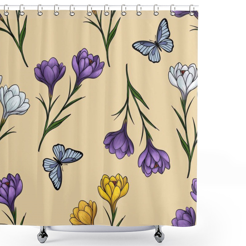 Personality  Spring Crocuses In Purple, White, And Yellow With Butterflies In Big Design On Pastel Yellow Background Shower Curtains