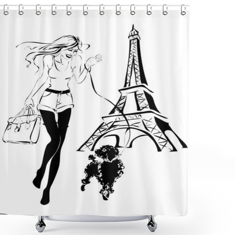 Personality  Fashion Woman With Little Dog Near Eiffel Tower Shower Curtains