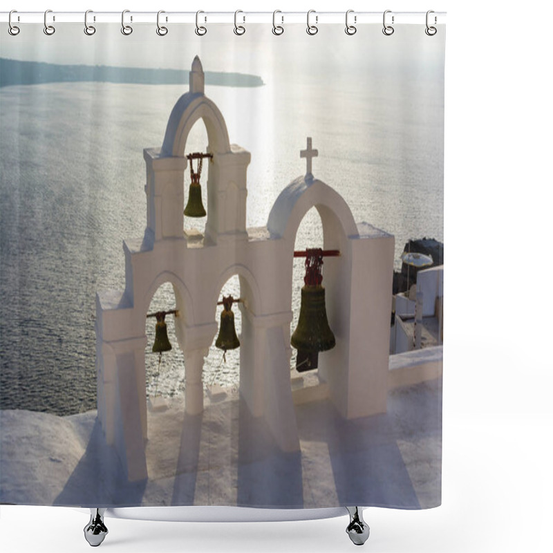 Personality  Arch With Cross And Bells Of Traditional Greek White Church In Oia Village, Santorini Island, Greece. Shower Curtains