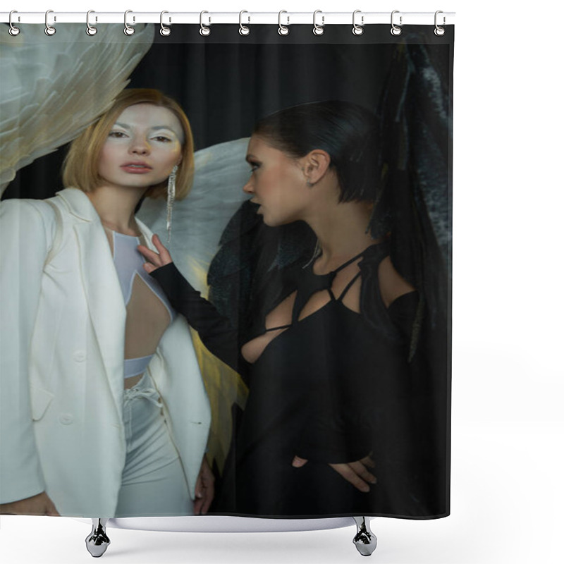 Personality  Angelic Woman With White Wings Looking At Camera Near Dark Demon On Black, Good Vs Evil Concept Shower Curtains