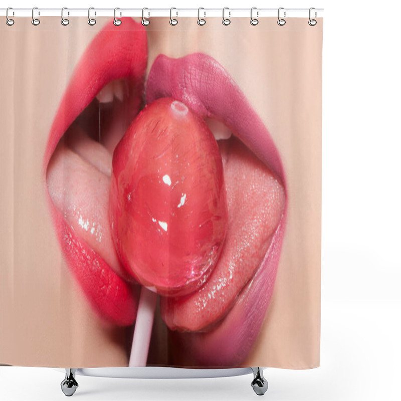 Personality  Sensual Female Mouth Lick. Lesbian Oral Pleasure. Closeup View Of Two Sexy Sensual Bright Female Lips With Pink And Purple Lipgloss Holding In Mouth And Licking Delicious Round Red Lollipop Candy. Shower Curtains