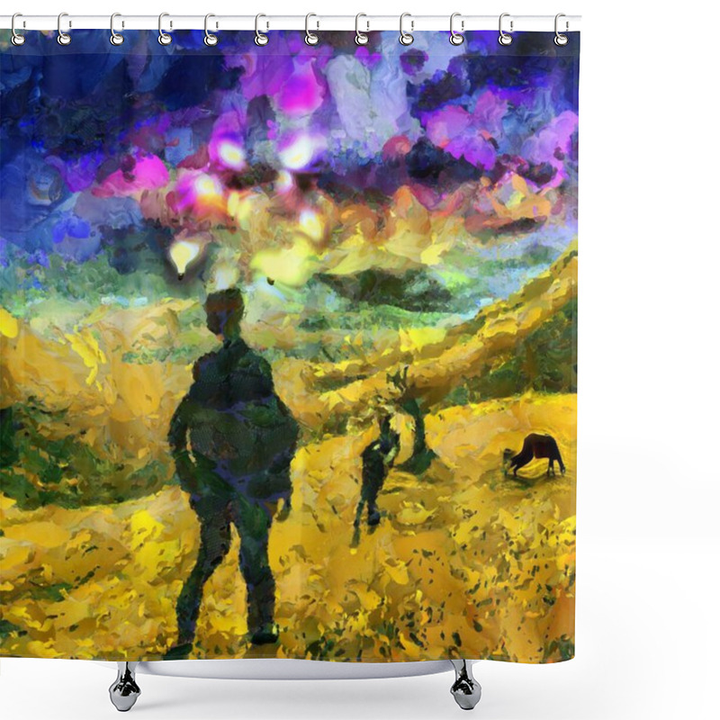 Personality  Surreal Painting. Man In Suit Stands In Field. Light Bulbs Around His Head Represents Ideas. Horse Grazes. Shower Curtains