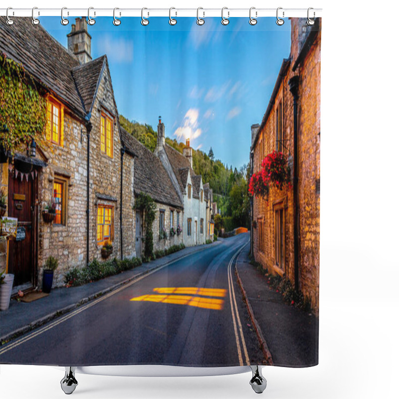 Personality  View Of Castle Combe, A Village And Civil Parish Within The Cotswolds Area Of Natural Beauty In Wiltshire, England Shower Curtains