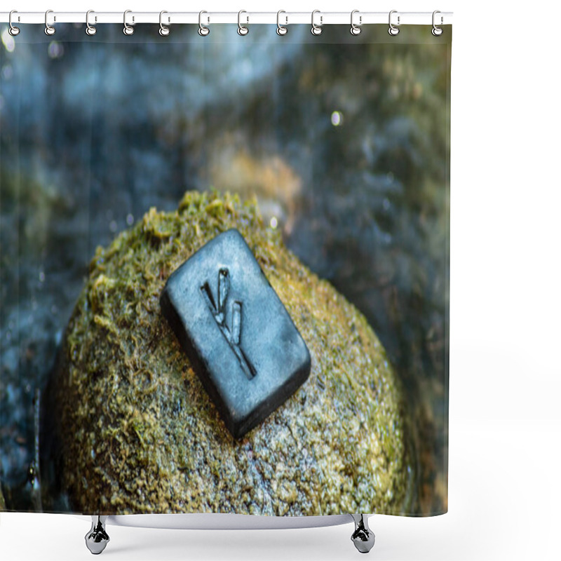 Personality  Norse Rune Fehu On The Stone And The Evening River Background. Wealth, Creativity, Passion, Fire. Rune Fehu Is Associated With The Scandinavian Goddess Freya. Blur. Shower Curtains