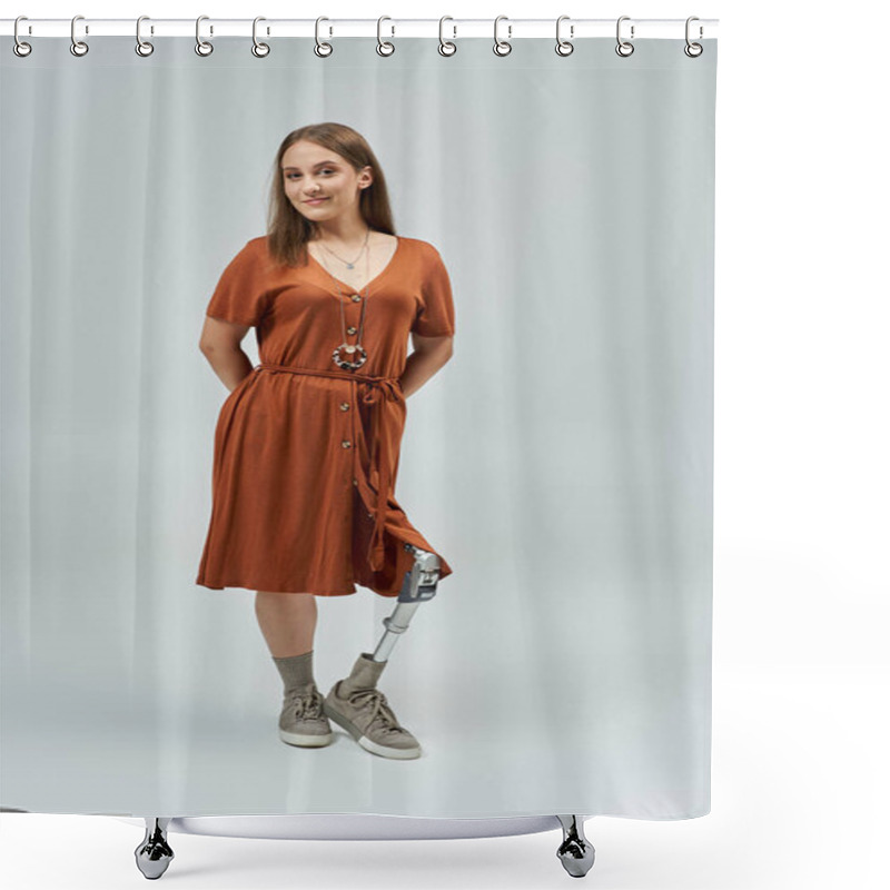 Personality  Woman Confidently Showing Off Prosthetic Leg In Brown Dress, Sneakers On White Background Shower Curtains