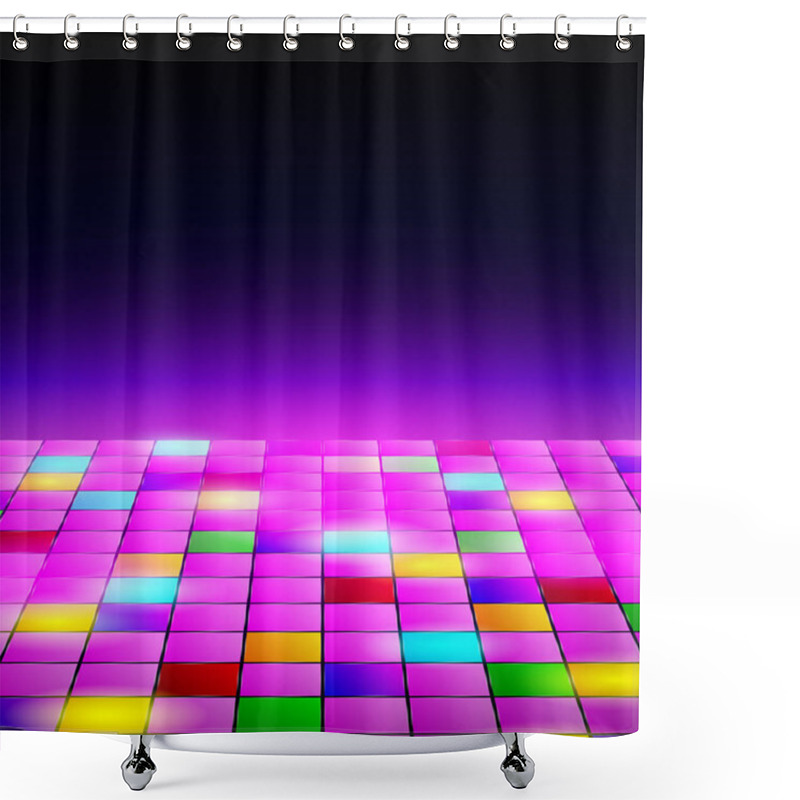 Personality  Dance Floor Amongst Open Space. Night Disco Party. Neon Retro Dance Floor Background. Vector Illustration Shower Curtains