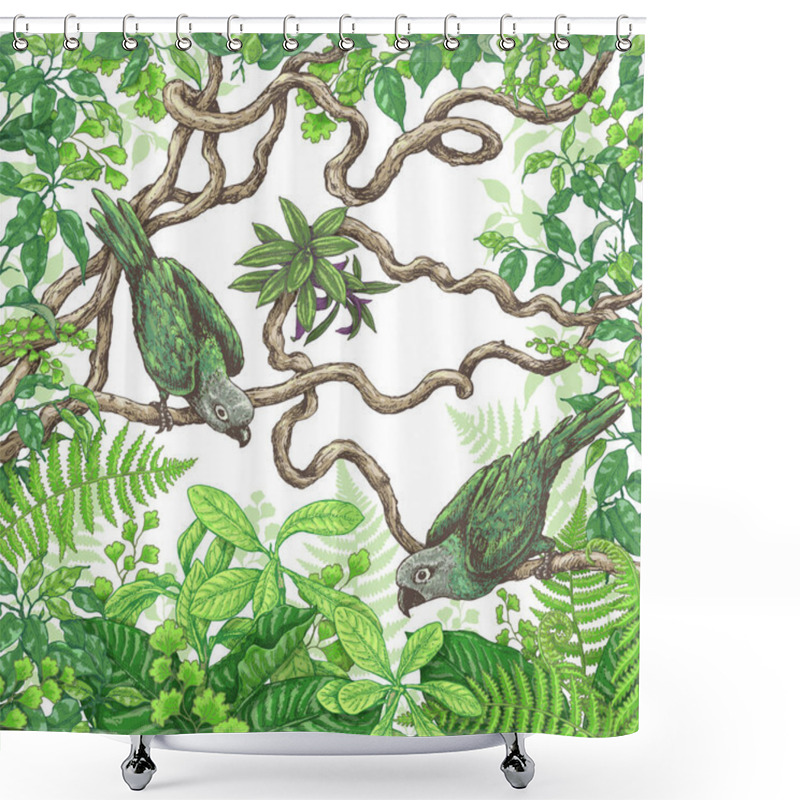 Personality  Green Parrots Sitting  On Branches Shower Curtains