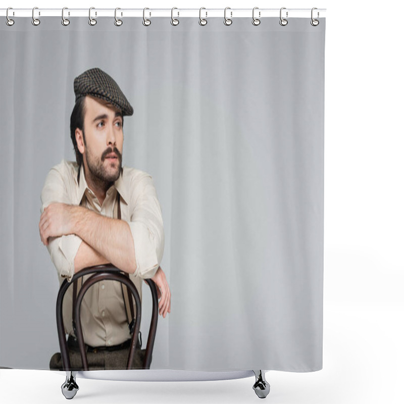 Personality  Man With Mustache In Retro Style Clothing And Hat Sitting On Wooden Chair On Grey  Shower Curtains