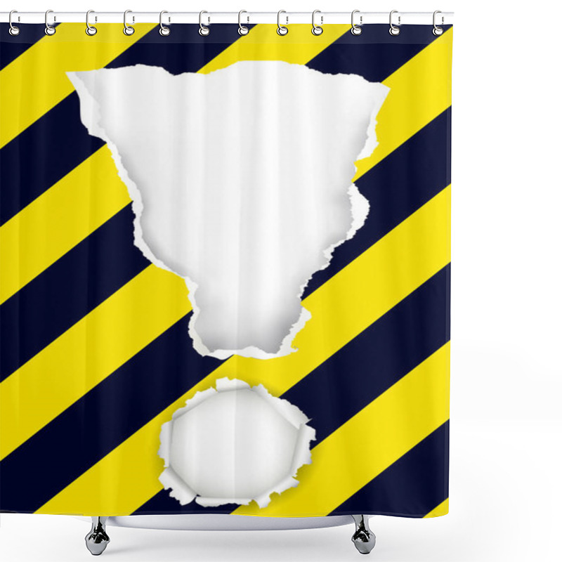 Personality  Under Construction Ripped Paper With Exclamation Mark. Original And Distinctive Advertisement Background With Torn Paper Exclamation Mark On Yellow Black Strips. Vector Available. Shower Curtains