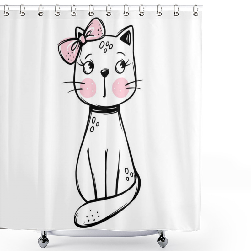 Personality  Vector Cute Cat Illustration. Hand Drawn Stylish Kitten. Doodle Kitty. Shower Curtains