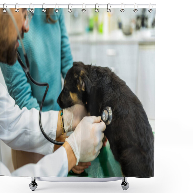 Personality  Young Man, A Veterinarian By Profession, Examines A Dog In Modern Vet Clinic.Young Owner Helps To Calm Down The Pet And Talks With The Vet Specialist. Shower Curtains