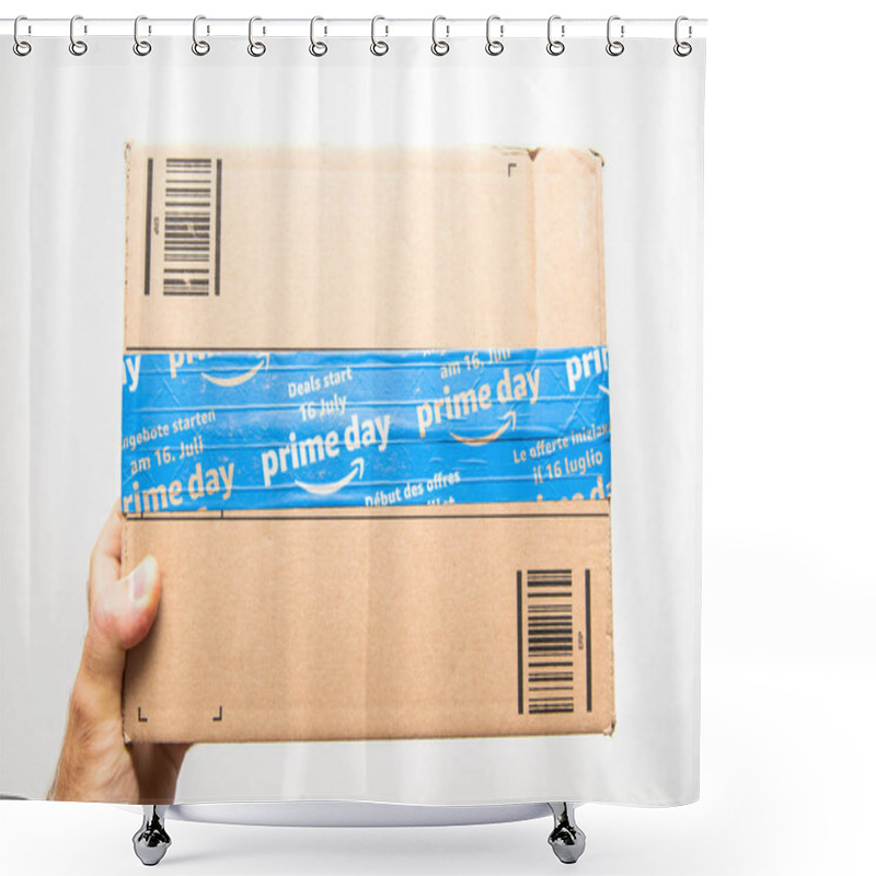 Personality  Man Hand Holding Against White Amazon Prime Day Cardboard Box Shower Curtains