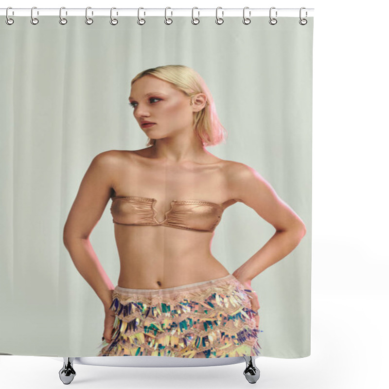 Personality  A Young Woman Confidently Displays Her Dazzling Attire With Holographic Accents. Shower Curtains