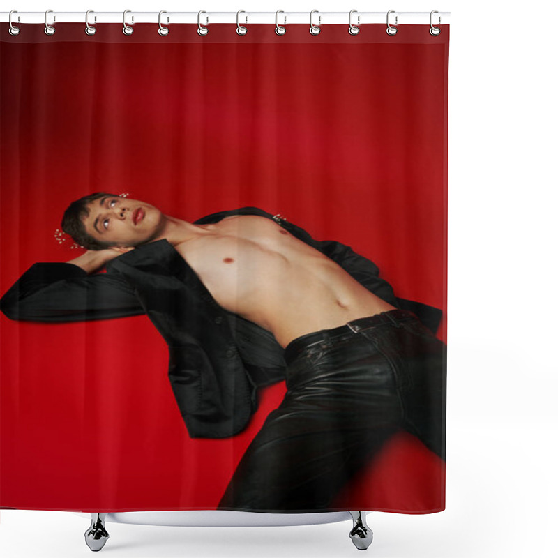 Personality  Dreamy Young Male Model In Jacket And Flowers In Hair Lying And Looking Up On Red Background Shower Curtains