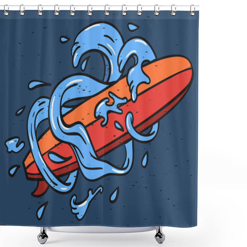 Personality  Surfing Surf Themed Longboard And Stylized Water Waves And Drops Hand Drawn Traditional Old School Tattoo Aesthetic  Influenced Art Drawing Vintage Inspired Illustration For T Shirt Print Vector Image Shower Curtains