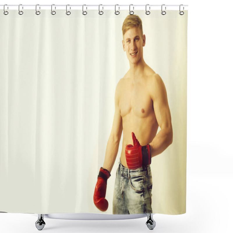 Personality  Happy Man, Boxer Showing Thumbs Up With Red, Boxing Gloves Shower Curtains