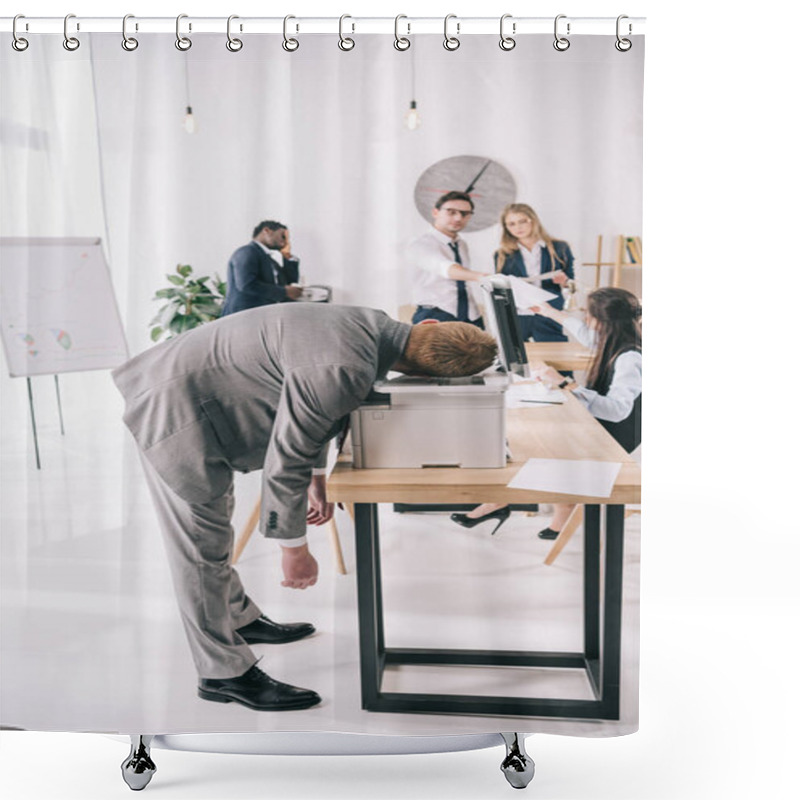 Personality  Exhausted Businessman Sleeping On Copier At Office While Colleagues Having Conversation Shower Curtains