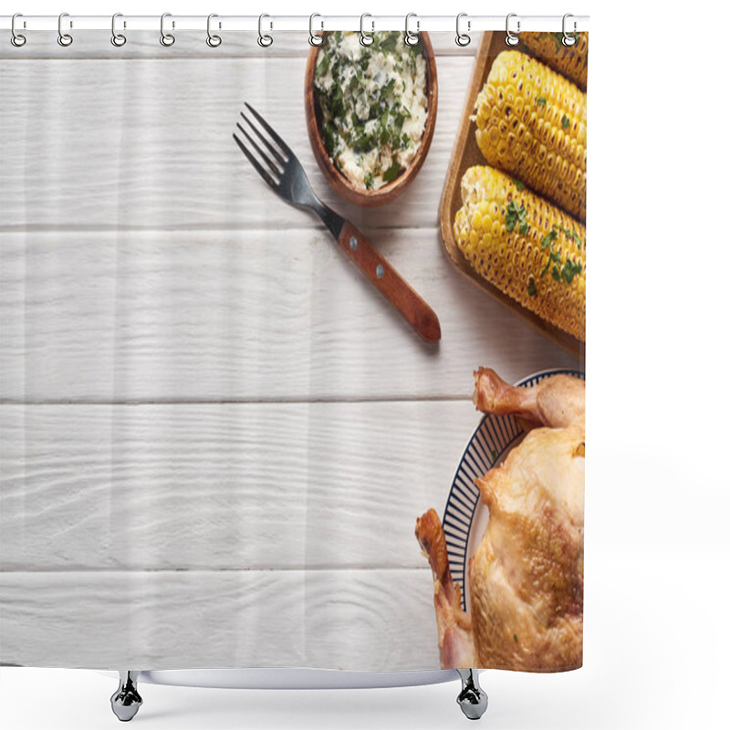 Personality  Top View Of Turkey And Corn Served At White Wooden Table For Thanksgiving Dinner Shower Curtains