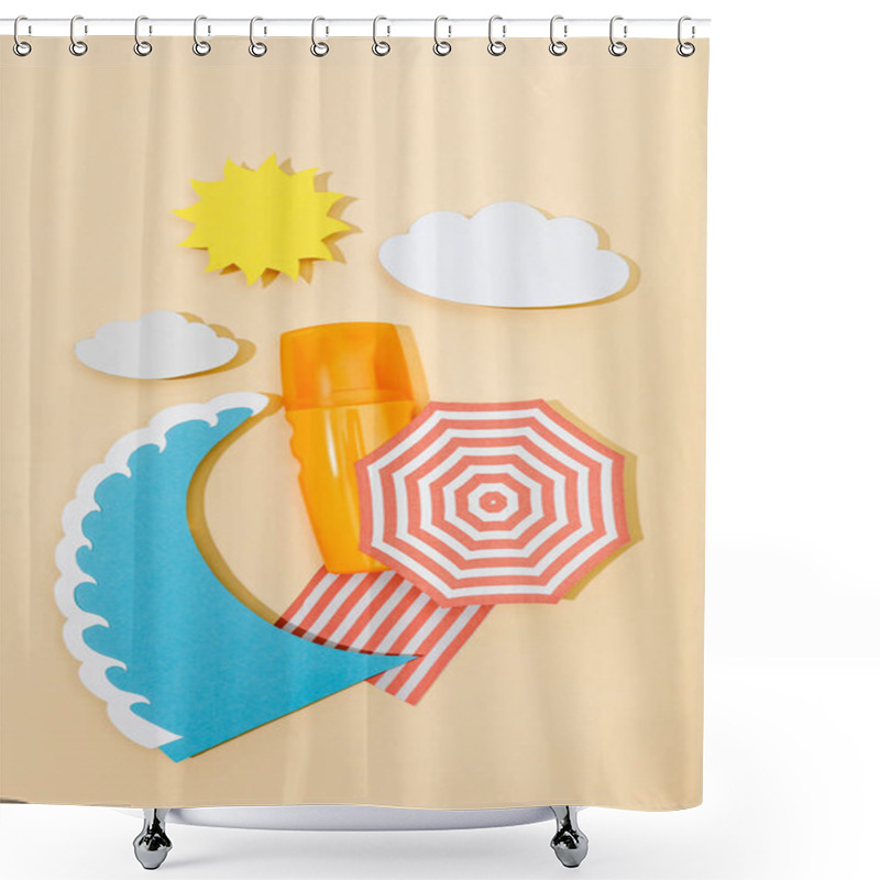 Personality  Top View Of Paper Cut Summer Beach With Sea Wave And Bottle Of Sunscreen On Beige  Shower Curtains