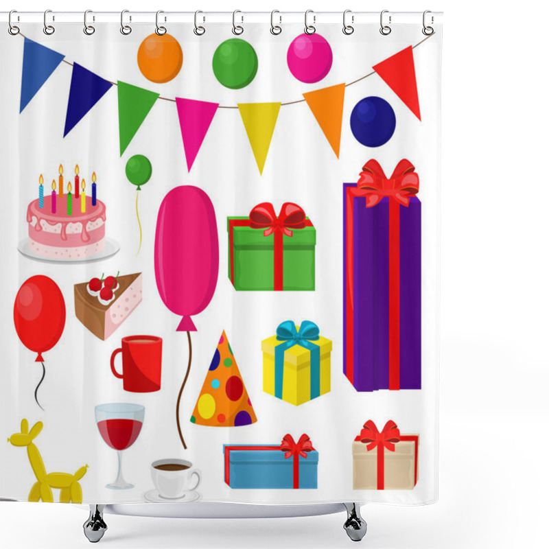 Personality  Large Vector Set For Birthday Party. Illustrations On The Theme Of Gifts, Jewelry, Toys And Treats. Shower Curtains