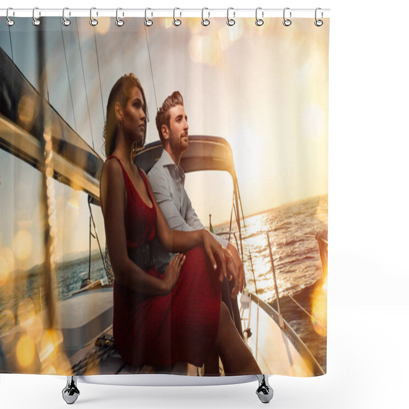 Personality  Young Couple Take Romantic Cruise On The Sail Boat In The Evenin Shower Curtains