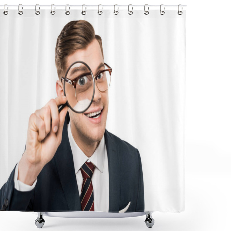 Personality  Happy Businessman Holding Magnifying Glass Near Eye Isolated On White  Shower Curtains