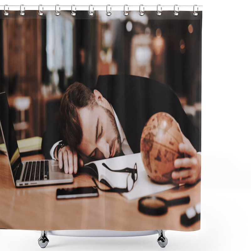 Personality  Business Suit. Sleeping In Workplace. Creative Worker. Globe. Project. Laptop. Young Guy. Businessman. Office. Ideas. Businesspeople. Workplace. Inspiration. Relaxation. Hobby. Comfortable Office. Shower Curtains