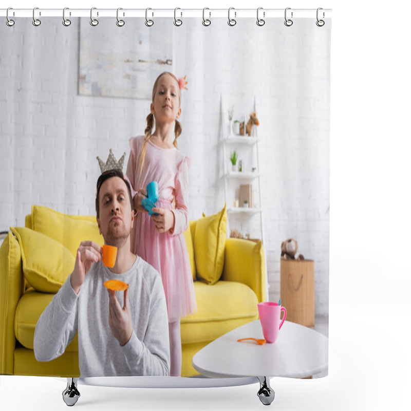 Personality  Dad And Daughter Holding Toy Cups While Playing Prince And Princess At Home Shower Curtains