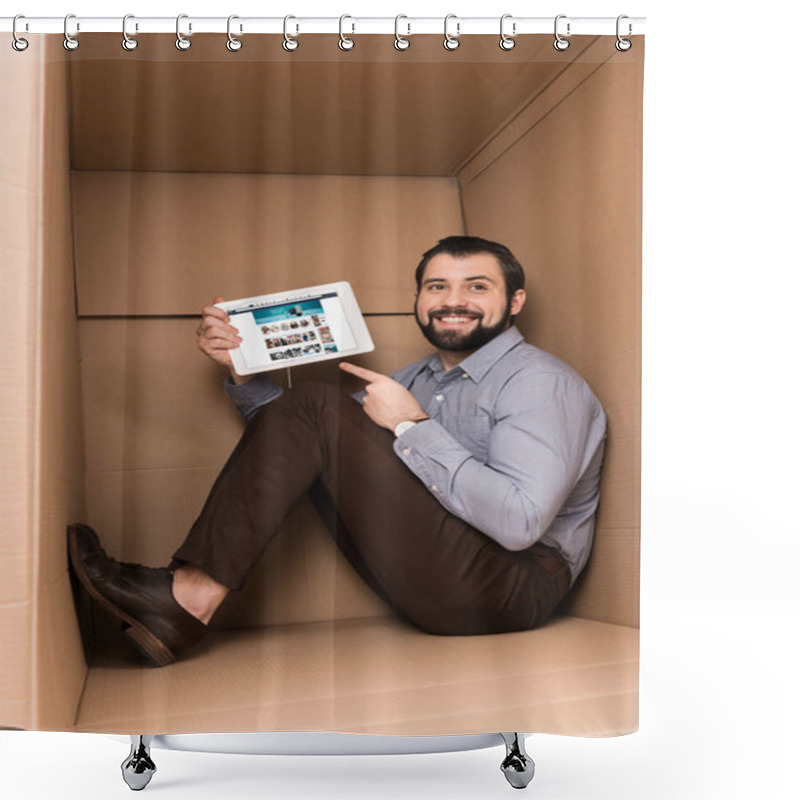 Personality  Man Pointing At Tablet Shower Curtains