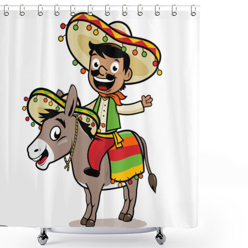 Personality  Vector Illustration Of A Cartoon Mexican Man Wearing A Traditional Costume And Sombrero Riding A Donkey Shower Curtains