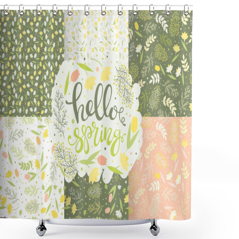 Personality  Set Of Seamless Patterns And Floral Sticker With Lettering. Flower Spring Backgrounds. Green Branches And Leaves, Narcissus, Snowdrop, Mimosa And Tulips On A Green Background, Vector Illustration. Shower Curtains