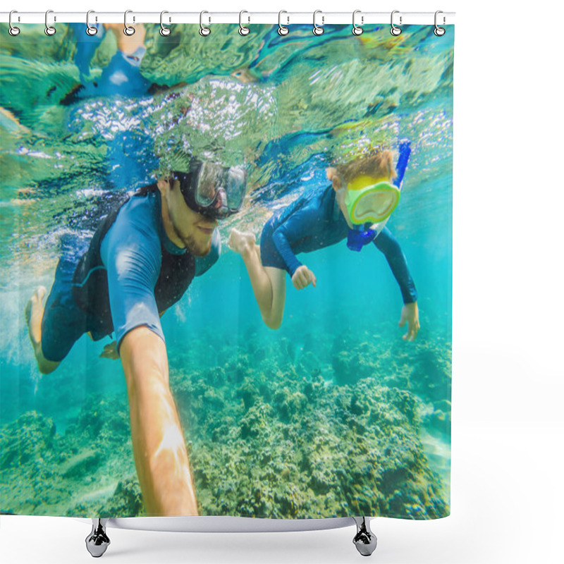 Personality  Happy Family - Active Kid In Snorkeling Mask Dive Underwater, See Tropical Fish In Coral Reef Sea Pool. Travel Adventure, Swimming Activity On Summer Beach Vacation With Child Shower Curtains