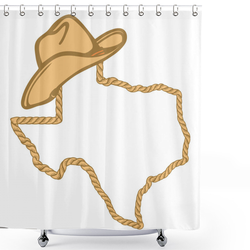 Personality  Texas Map With Lasso Rope Frame And Cowboy Hat Isolated On White For Design. Texas Color Sign Symbol Shower Curtains