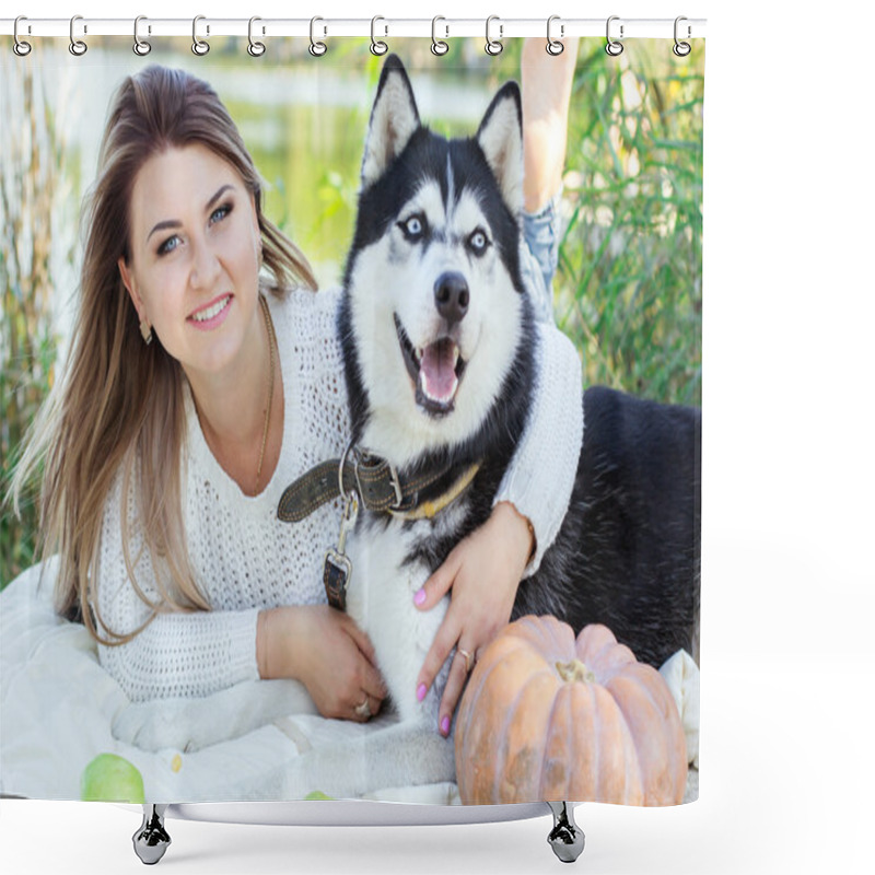 Personality  Happy Girl Is Hugging Her Husky Dog Outdoors Shower Curtains