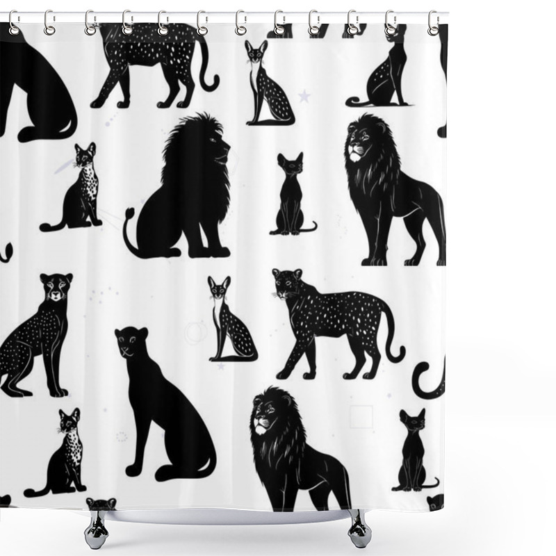 Personality  Seamless Pattern Of Big Cats On Gray Background. Silhouettes Of Lions, Leopards, And Wild Cats Design. Mystical Big Cat Pattern With Stars And Geometric Shower Curtains