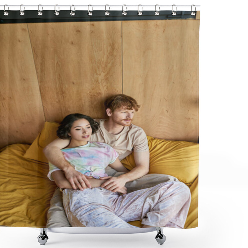 Personality  Redhead Man Snuggling With Pretty Asian Woman On Comfortable Bed In Country House, Tender Moments Shower Curtains