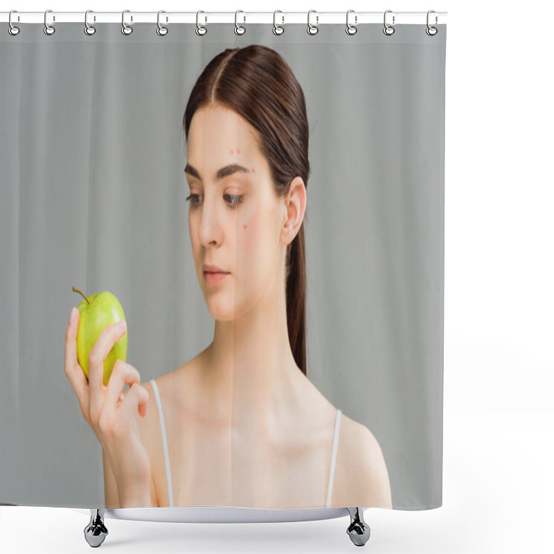 Personality  Young Woman With Acne Looking At Green Apple Isolated On Grey  Shower Curtains