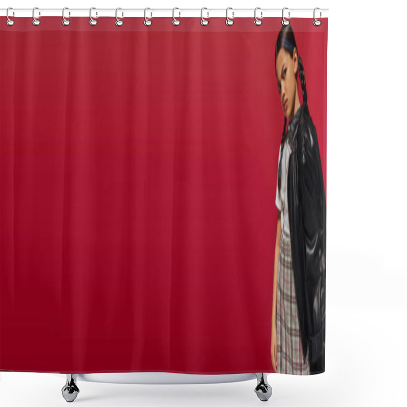 Personality  Displeased Preadolescent Trendy Girl With Hairstyle Wearing Leather Jacket And Plaid Skirt While Looking At Camera And Standing Isolated On Red, Stylish Preteen Outfit Concept, Banner  Shower Curtains