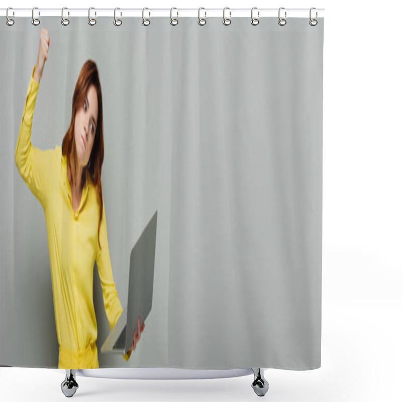 Personality  Irritated Woman Holding Laptop While Standing With Clenched Fist On Grey, Banner Shower Curtains